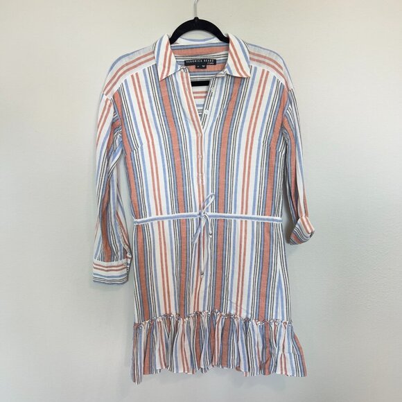 Veronica Beard "Ardith" White/Blue/Pink Button Front Mini Shirt Dress Size XS - Picture 2 of 5